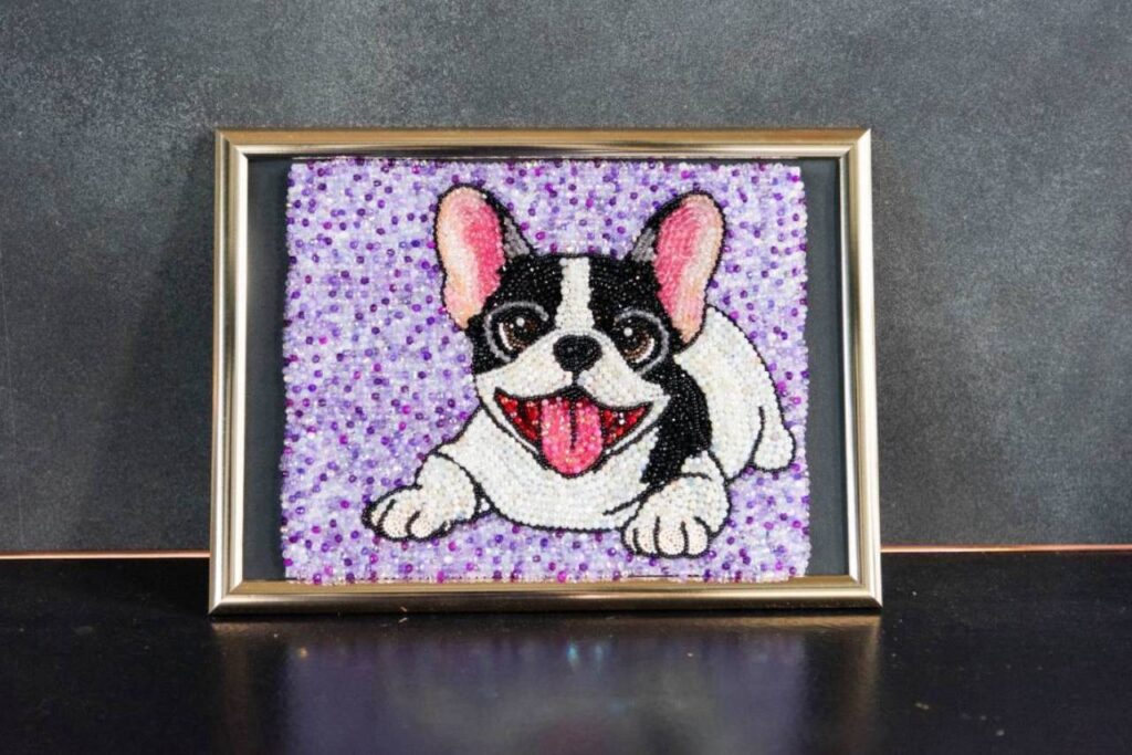 白黒の犬 シャドウジュエルポートレート｜ビーズ刺繍アート